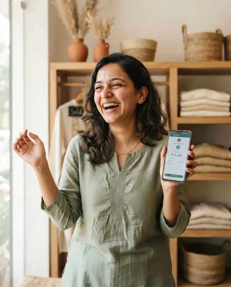 Businesswoman smiling happily while checking a WhatsApp message on her phone in a modern co-working space