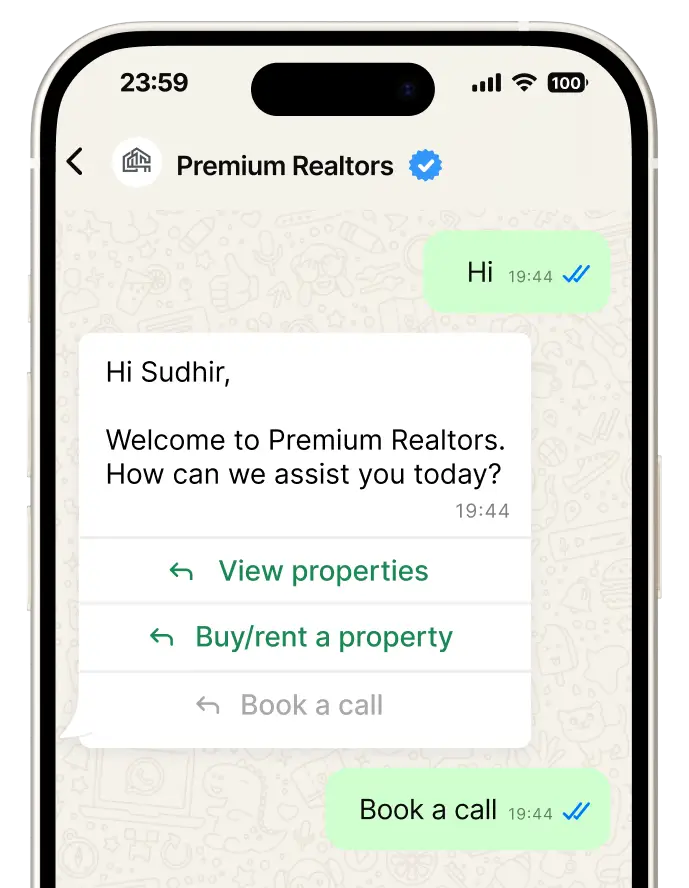 Welcome message with quick reply buttons for property inquiries