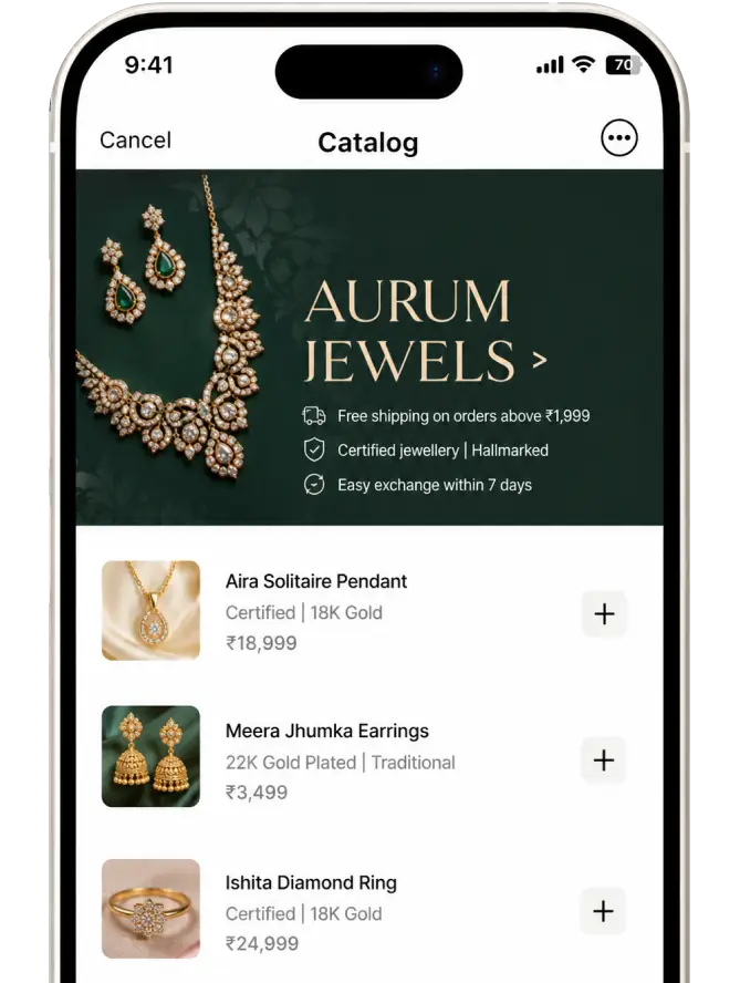 Aurum Jewels full catalogue — product list with prices and add buttons