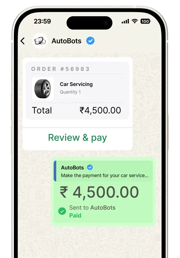 AutoBots order payment confirmation — ₹4,500 paid inside WhatsApp with Review & pay flow