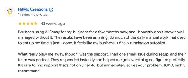 Google review from HitMo Creations — 5 stars, 43 weeks ago