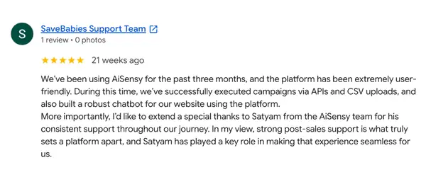 Google review from SaveBabies Support Team — 5 stars, 21 weeks ago