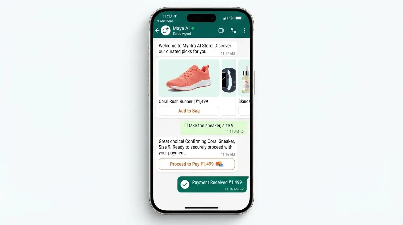 WhatsApp AI agent selling directly in chat — product cards, pay button, payment received confirmation