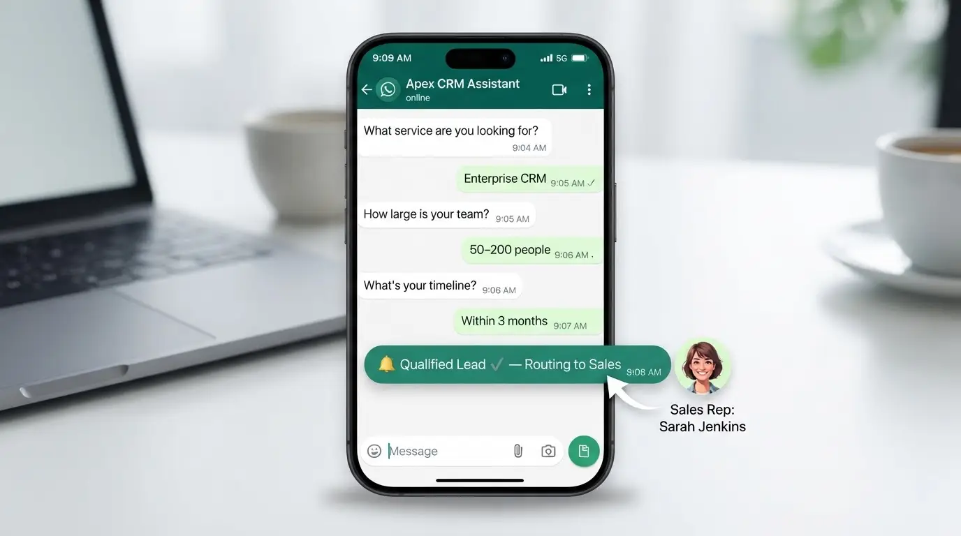 WhatsApp AI agent qualifying leads — asking the right questions, scoring intent, routing hot leads to sales reps