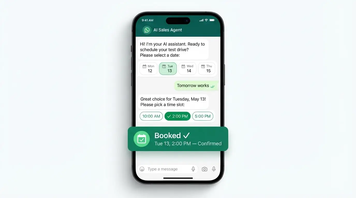 WhatsApp AI agent booking appointments — date picker, time slot chips, booking confirmation with calendar sync
